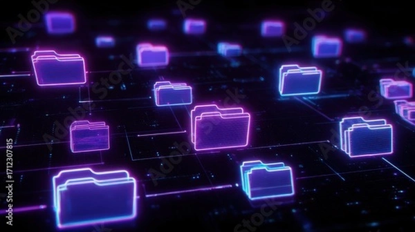 Fototapeta Abstract network grid with files and folders, futuristic software interface, digital document management system, store, search and organize documents, corporate business, paperless office	
