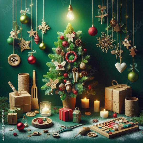 Fototapeta Creative Christmas tree design with ornaments and presents in a festive green setting, capturing the holiday spirit and celebration