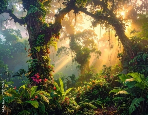 Obraz A sunlit, vibrant tropical forest, filled with lush foliage and colorful flowers, bathed in golden sunlight.