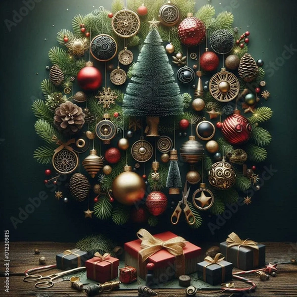 Fototapeta Creative Christmas tree design with ornaments and presents in a festive green setting, capturing the holiday spirit and celebration