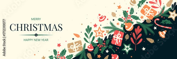 Fototapeta Horizontal banner with green and red Christmas symbols. Gifts, decor and branches of plants and trees. Winter background with place for text. Seamless pattern.
