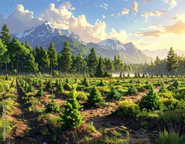Obraz A tranquil mountain landscape, featuring a lush forest, a field of young trees, and a serene sunrise.