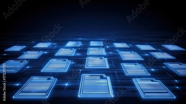 Fototapeta Abstract network grid with files and folders, futuristic software interface, digital document management system, store, search and organize documents, corporate business, paperless office	
