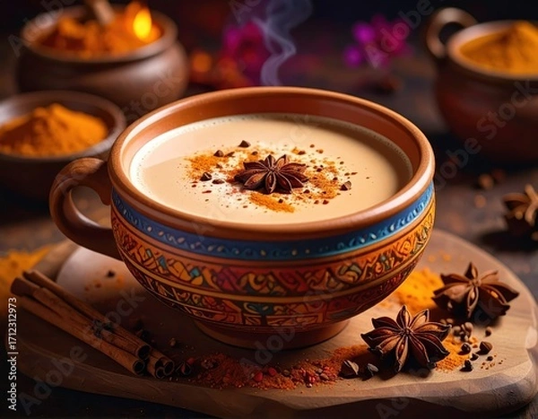 Obraz A richly colored, ornate ceramic cup filled with a steaming, spiced beverage, adorned with star anise and cinnamon.