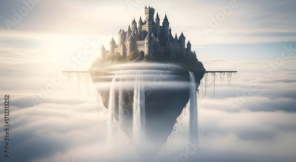 Fototapeta Fantasy Castle on Floating Island Above Clouds