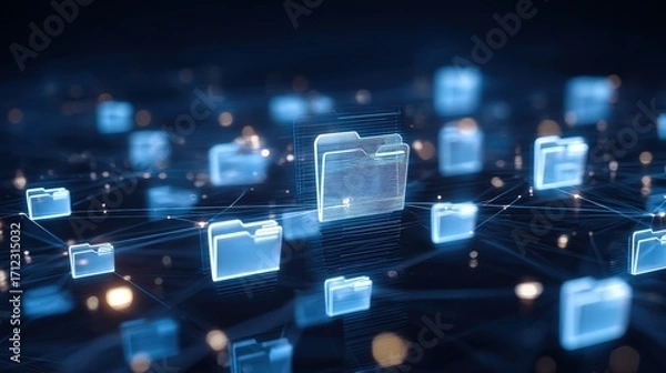 Fototapeta Abstract network grid with files and folders, futuristic software interface, digital document management system, store, search and organize documents, corporate business, paperless office	
