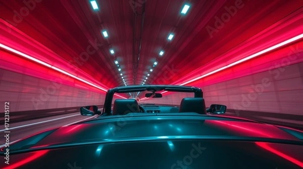 Fototapeta Experience exhilarating speed driving a convertible through a vibrant neon-lit tunnel creating a dynamic sense of motion and adventure