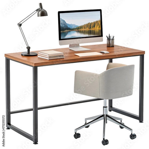 Fototapeta Modern wooden desk with computer and chair isolated on transparent background
