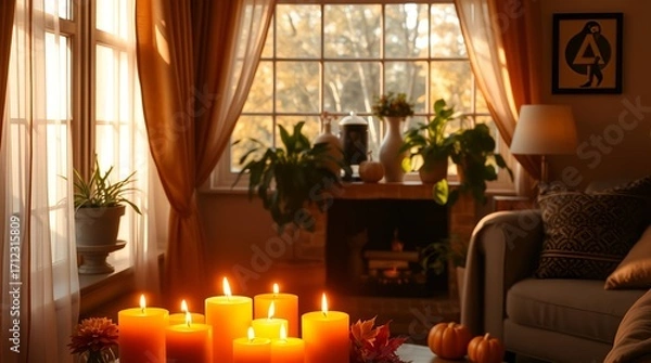 Fototapeta Cozy autumn evening ambiance with warm candlelight and glowing pumpkins by a sunlit window