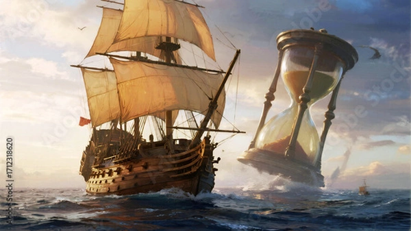 Fototapeta Columbus Day Majestic tall ship sails through stormy seas past a colossal hourglass, symbolizing the relentless passage of time and enduring journeys through challenging eras.