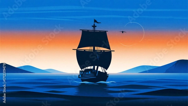 Fototapeta Columbus Day Majestic tall ship sails across calm ocean waters under a vibrant sunset sky, evoking adventure and exploration towards distant blue hills