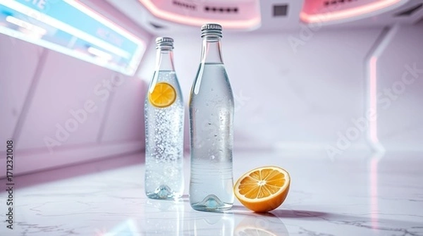 Fototapeta Refreshing bottled water with vibrant orange slices, perfect for health-conscious consumers seeking natural hydration and a clean, modern aesthetic.