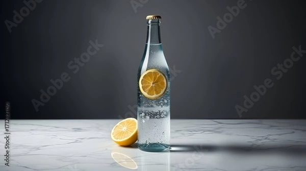 Fototapeta Refreshing sparkling water bottle infused with vibrant lemon slices on a clean marble surface, perfect for health and wellness content.