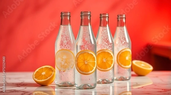 Fototapeta Refreshing citrus infused sparkling water bottles evoke vibrant summer vibes and healthy hydration for modern lifestyles.