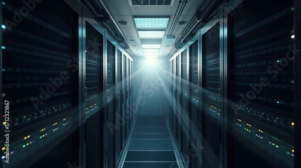 Fototapeta Gleaming server room aisle bathed in bright futuristic light, evoking innovation and advanced technology infrastructure for modern business operations.