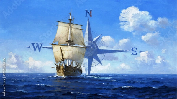 Fototapeta Columbus Day Majestic sailing ship navigates open sea with a colossal compass guiding its journey under a vibrant blue sky filled with dramatic clouds