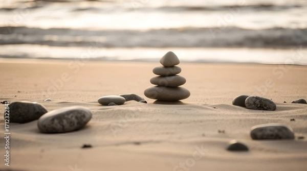Fototapeta Serene beach stones stacked in perfect balance evoke tranquility and mindful calm beside gentle ocean waves at sunset