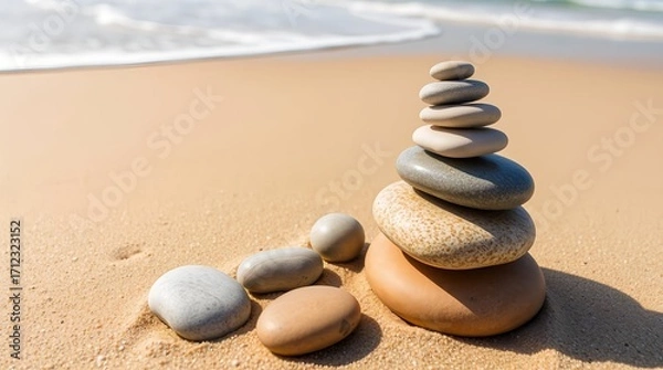 Fototapeta Serene beach stones stacked perfectly on golden sand as gentle waves lap the shore, invoking peace and mindfulness.