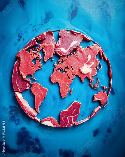 Fototapeta 3D Render of a World Map Crafted from Raw Meat – Global Food Concept