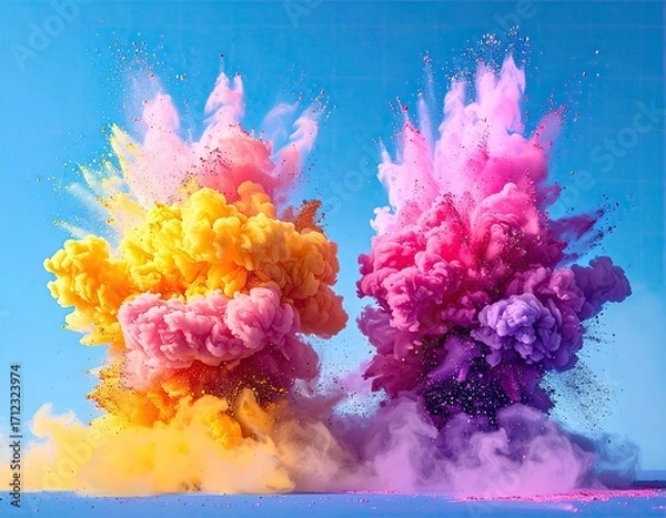 Fototapeta Colorful abstract explosions against a vibrant blue backdrop