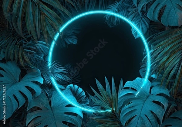 Fototapeta Neon circle frame with tropical leaves background, vibrant design.