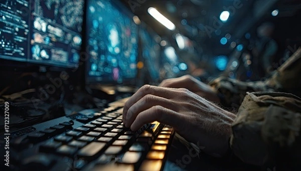 Fototapeta Hands typing on keyboard in front of computer screens.