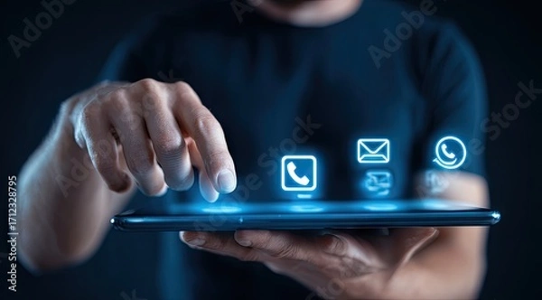 Fototapeta Person interacting with digital tablet showcasing communication icons.