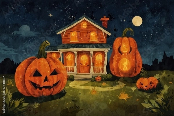 Fototapeta Halloween pumpkins against a house at night