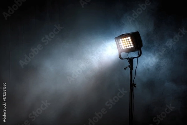 Fototapeta Professional LED light panel shining a bright beam through smoke in a dark studio.