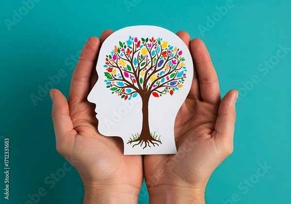 Fototapeta Hands holding a cutout of a human head with a colorful tree of knowledge inside