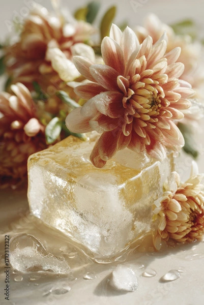 Fototapeta glistening piece of ice rests gently on glass surface catching warm sunlight that filters through