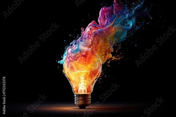 Fototapeta Colorful explosion of paint and light from a glowing lightbulb on a black background.