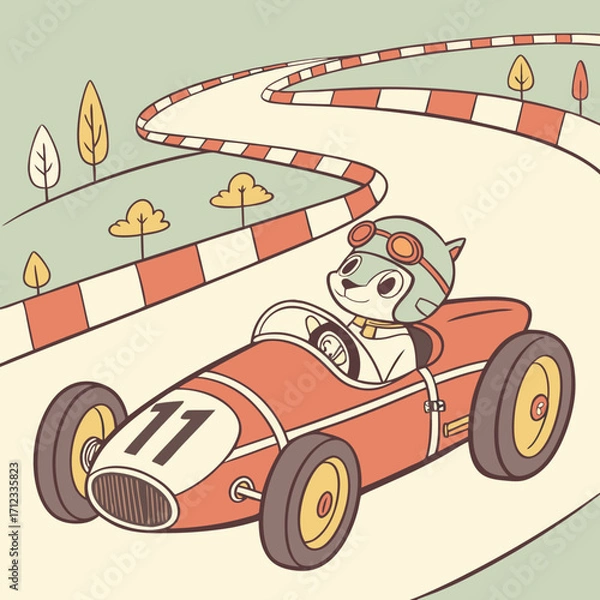 Fototapeta cat riding racer formula one car in retro vintage art style vector illustration