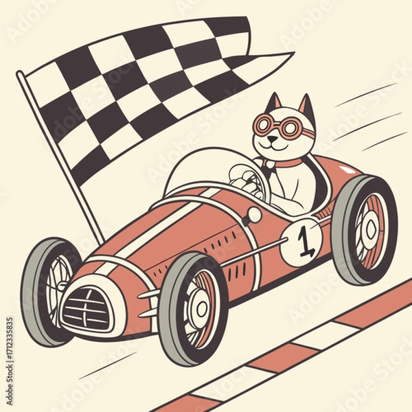 Fototapeta cat riding racer formula one car in retro vintage art style vector illustration