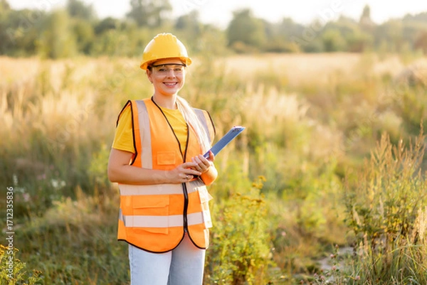 Fototapeta Smiling female engineer inspecting a field wearing a safety vest and helmet
