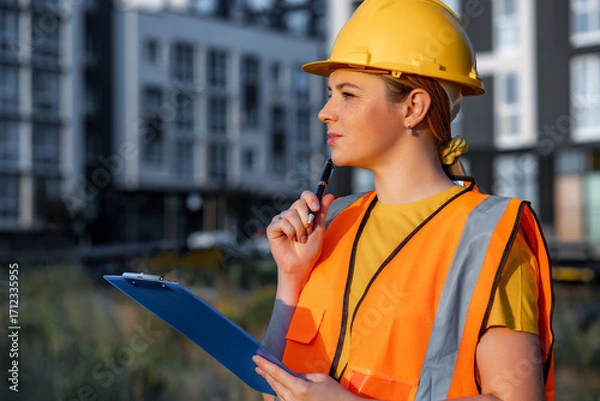 Fototapeta Confident female construction worker analyzing a project site with a clipboard in hand
