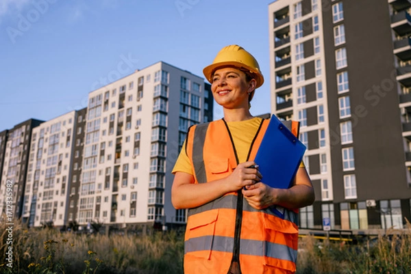 Fototapeta Smiling construction worker holding clipboard in front of modern apartment buildings