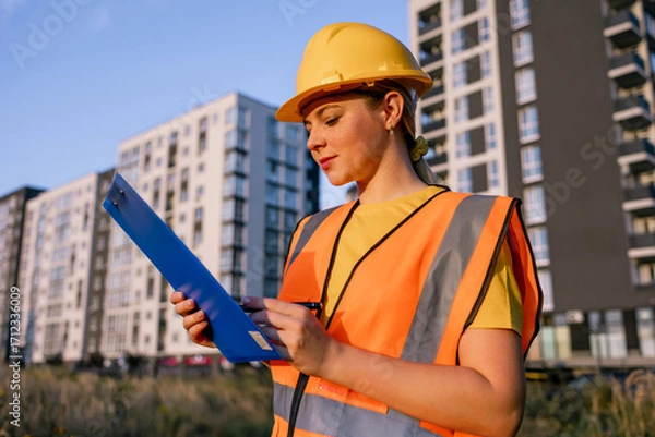 Fototapeta Construction worker reviewing plans on site with residential building in background