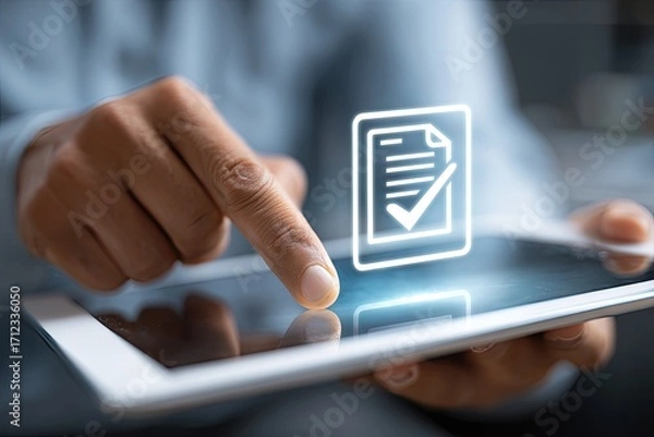 Fototapeta Person using tablet with document icon, digital approval concept.