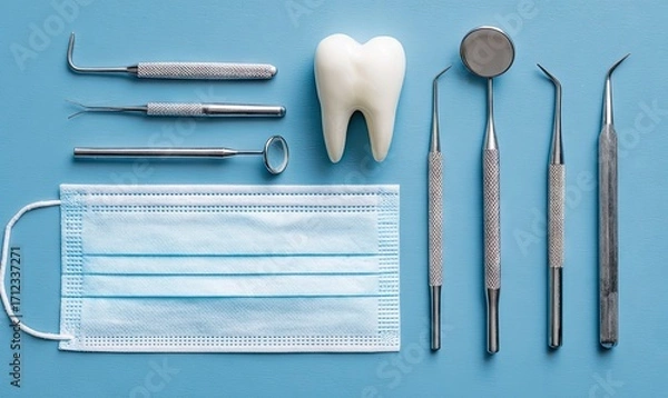 Fototapeta Dental tools and mask arranged on a blue surface for medical procedures.