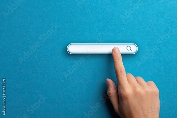 Fototapeta Hand interacting with a digital search bar on a blue background.
