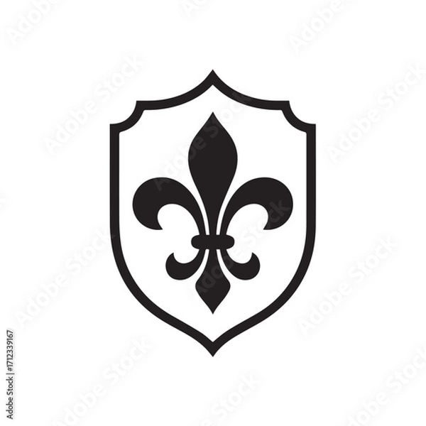 Obraz Black heraldic fleur de lis symbol inside a shield, isolated on white background technology background
