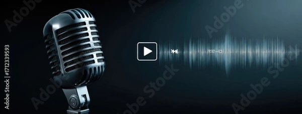 Fototapeta Vintage microphone with audio wave, recording and podcast concept.