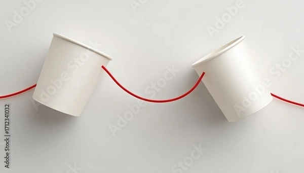 Fototapeta String phone made of paper cups and red string on white background.