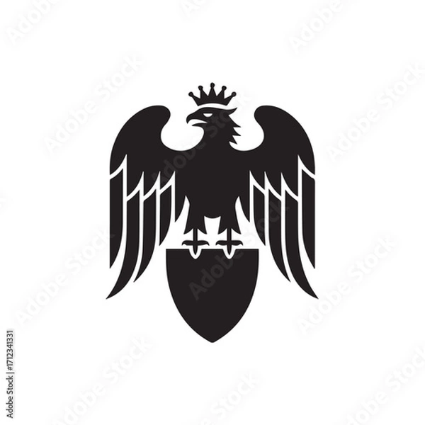 Obraz Black silhouette of an eagle with a crown and shield, isolated on white background technology background