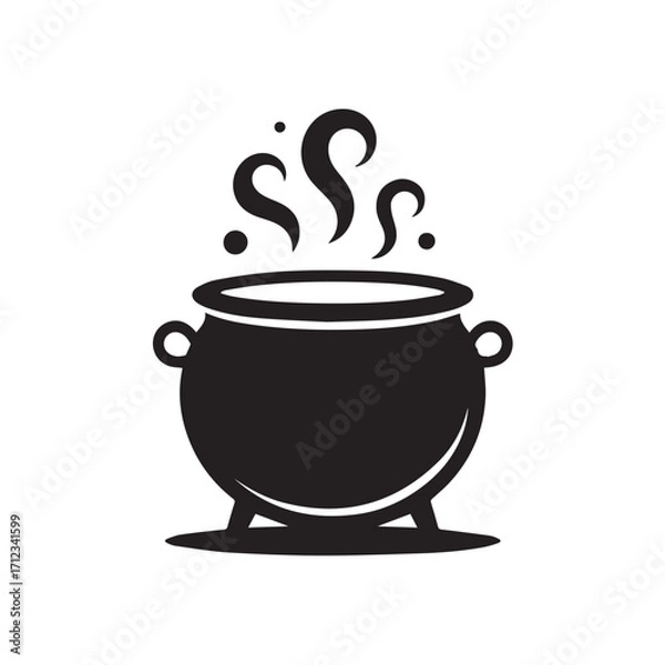 Obraz Black silhouette of a steaming cauldron, a symbol of magic and witchcraft, isolated on white background technology background