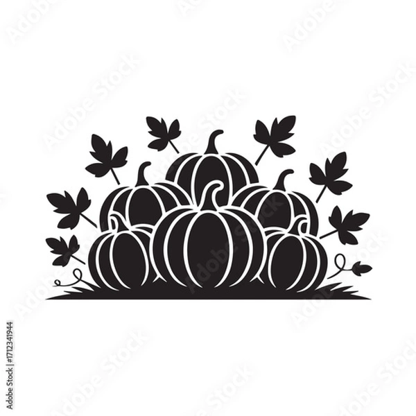 Obraz Black silhouette of a pile of pumpkins with autumn leaves, isolated on white background technology background