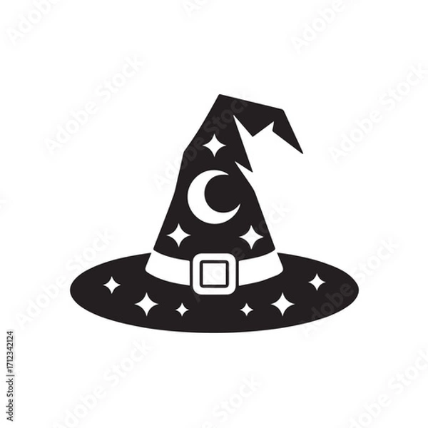 Obraz Black silhouette of a witch hat adorned with stars and a crescent moon, isolated on white background technology background