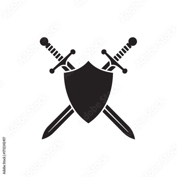 Obraz Black silhouette of two crossed swords behind a shield, representing medieval combat and defense, isolated on white background technology background