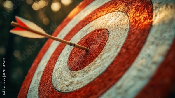 Fototapeta Bullseye success concept with arrow in target center